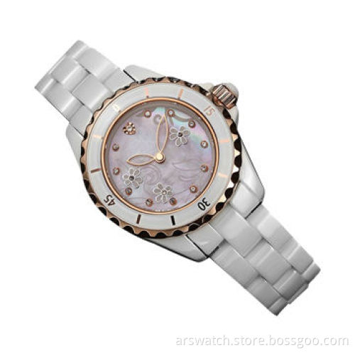 Lady's ceramic watch, elegant dial design with crystal stonesNew